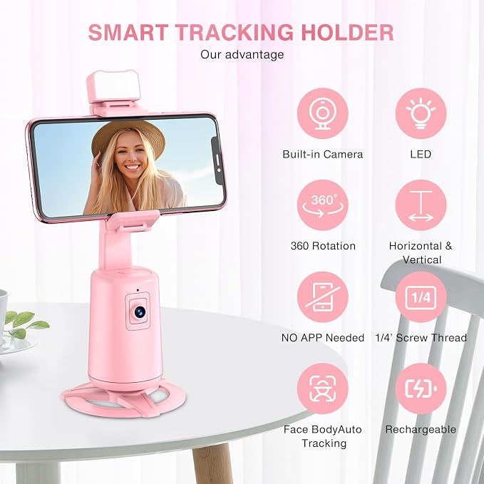 Auto Face Tracking Tripod 360° Rotating Cell Phone Photo and Video Kits Stand, No App, Camera Stand with Remote and Gesture Control, Rechargeable Smart Shooting Stand for Live Recording Tiktok（Pink） - Image 5