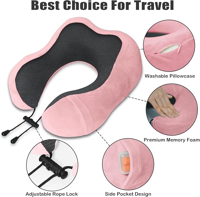 Travel Pillow, Memory Foam Neck Pillow for Traveling, U Shape Neck Pillow Airplane Portable Flight Pillow Travel Kit with 4D Contoured Eye Masks and Earplug for Plane Train Car Home Office - Pink - Image 3
