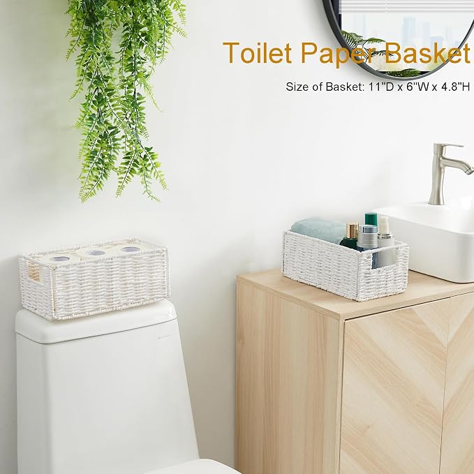 Wicker Storage Basket, Set of 2 Hand-Woven Paper Rope Wicker Basket, Small Storage Baskets for Organizing Toilet Paper Basket, Foldable Large Cube Storage Organizer Bins for Shelves (White) - Image 5