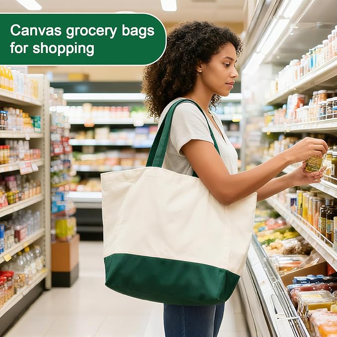 3 Pcs Reusable Grocery Bags - Heavy Duty Canvas Bag, 8.3 gal Foldable Large Canvas Tote Bag with Handles, Holds 60 lbs Tote Shopping Bags,100% Cotton（Retro Green） - Image 2