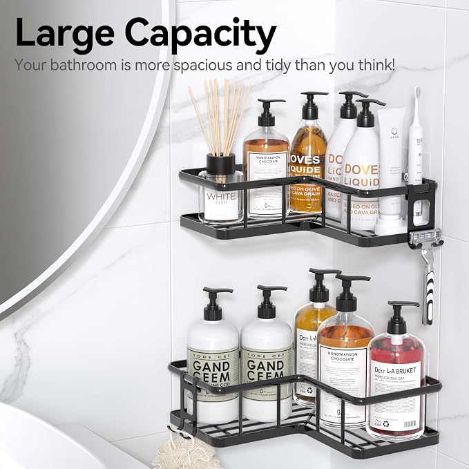 Corner Shower Caddy Adhesive, 100% Rustproof Shower Organizer, No Drill Shower Shelf for Inside Shower, Wall-Mounted Shower Storage for Homes (2 Pack, Black) - Image 9