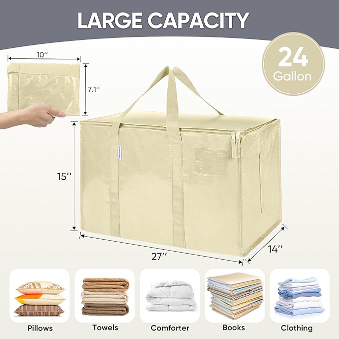 TICONN 2 Pack Extra Large Moving Bags Heavy Duty with Zippers & Carrying Handles, Durable Storage Bags Moving Boxes for Closet Organizers and Storage (2 Pack, Cream) - Image 5