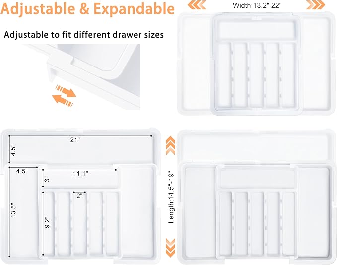 Large Silverware Drawer Organizer Expandable Kitchen Utensil Organizer BPA Free Flatware Cutlery Holder Tray Adjustable Plastic Drawer Divider Storage for Forks Knives 6-9 Slots White - Image 2