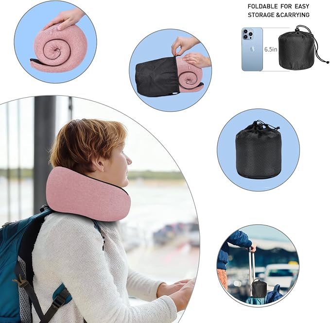 Neck Travel Pillows for Airplanes Memory Foam Neck Comfort Pillow Compact Ergonomic Design Sleeping Essentials for Long Flights Car Rides and Home Use (Pink) - Image 4