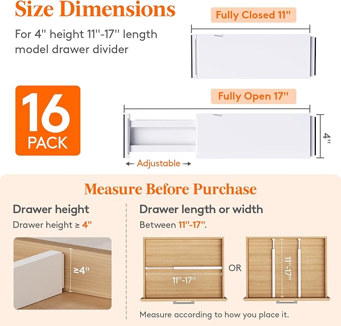 Lifewit 4" High Upgrade Drawer Divider, Adjustable Drawer Organizer Clothes | 16 Pack 11-17" Expandable White Plastic Drawer Separator for Dresser, Kitchen, Closet, Nursery, Office Organization & Storage - Image 2