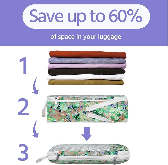 7 Pcs Compression Packing Cubes for Travel, Waterproof Suitcase Luggage Backpack Organizer with Toiletry Bag Travel Essentials for Women/Men-Flowers - Image 6