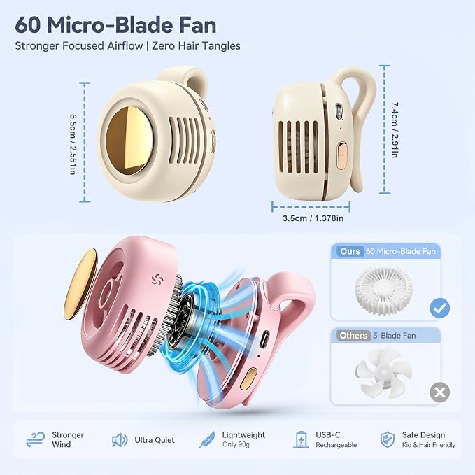 Portable Clip-on Fan Silent Bladeless Mini Fan | 360°Rotation 3-speed Modes Whirlwind Waist Clips Fans Hands-Free Cooling Fan Outdoor Trip Work Travel White-Pink 2 Pack - Image 3