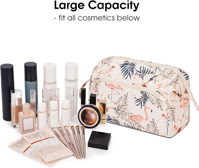 Narwey Women Makeup Bag Wide-open Make up Bag Travel Cosmetic Organizer Toiletry Bag for Cosmetics Toiletries Accessories (Beige Flamingo) - Image 3