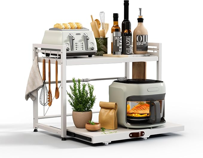 2 Tier Expandable Microwave Stand countertop,Microwave Oven Rack | Pull-Out Microwave Shelf, storage shelves for pans &appliances,Adjustable partition height，8 Hooks,55lbs max load,White by NETELOfficial