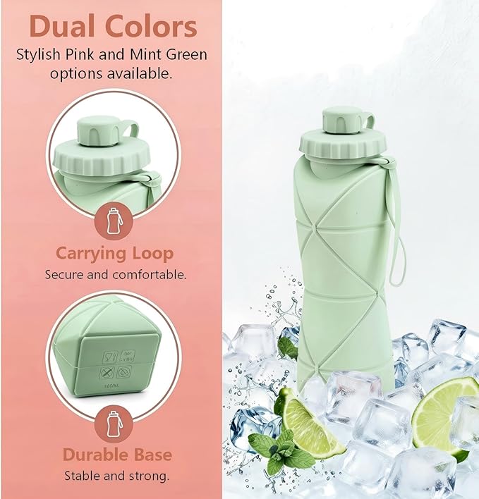 Collapsible Water Bottles 20oz (600ml), BPA-Free Silicone Foldable Portable Lightweight Reusable Water Bottle with Leak-Proof Lid & Lanyard for Outdoor Travel Cycling Gym & Camping - Image 4