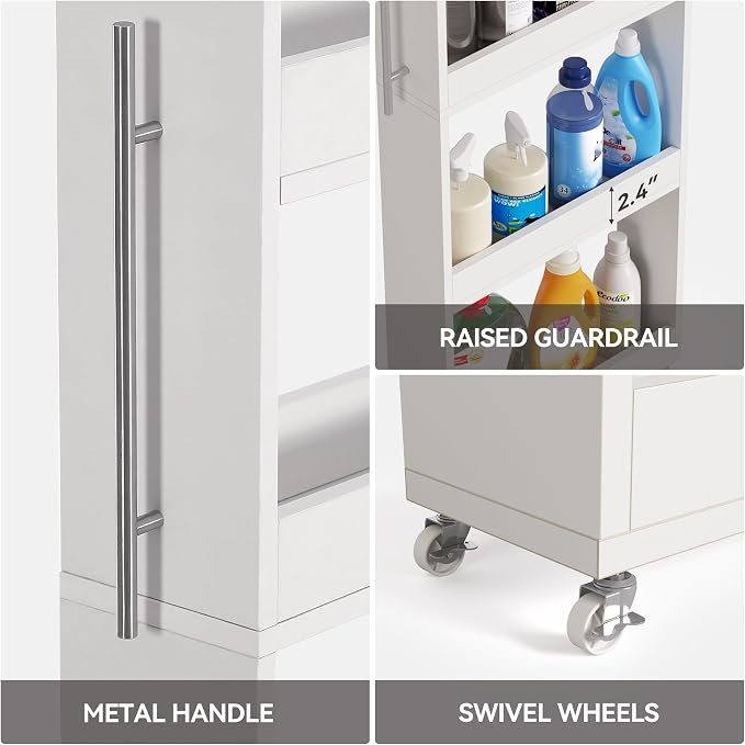 LITTLE TREE 63-Inch Slim Storage Cart on Wheels, 5-Tier Tall Narrow Mobile Shelf Organizer, Rolling Utility Cart with Metal Handle for Kitchen, Dining Room, Small Spaces, White - Image 6