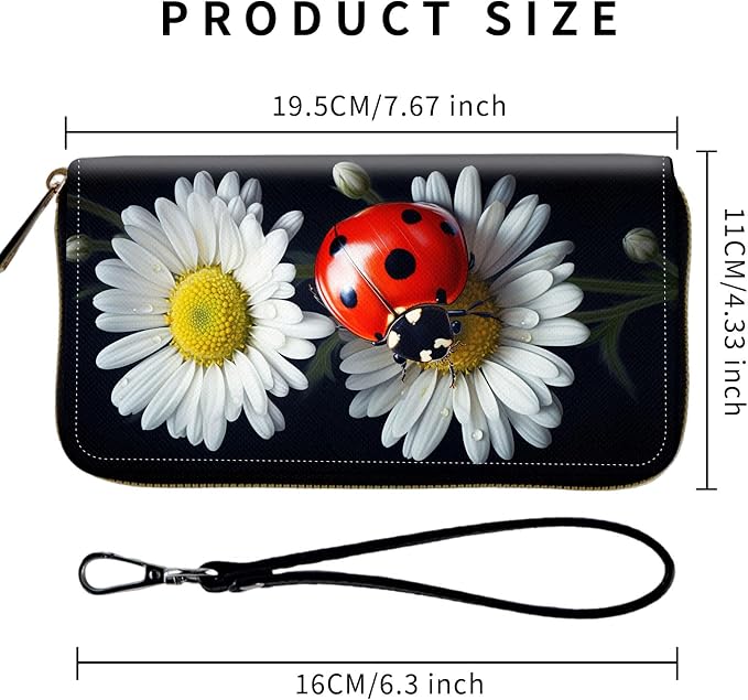 Wallet,Leather Long Wallet Suitable For Ladies And Teenagers - Detachable Wristband + RFID Travel Wallet With Card Slot - Ladybug on Daisy Flower - Image 2