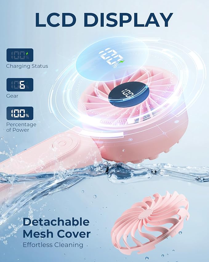 Peiyuu Handheld Portable Fan, 4000mAh USB Rechargeable Personal Fan, 180° Foldable Mini Desk Fan with 6 Wind Speed, LCD Digital Display, Lanyard as Neck Fan, Ultra Quiet - Image 5
