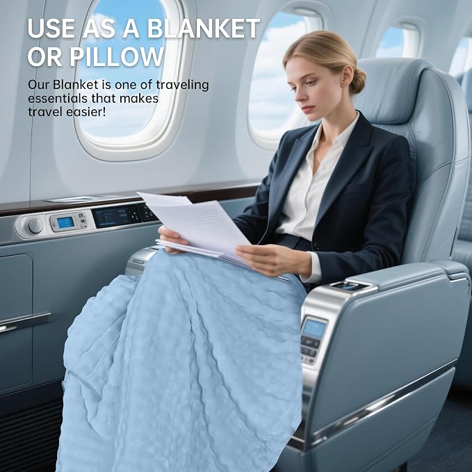 Travel Blanket and Pillow-2-in-1, Ultra-Soft&Compact, Airplane Blanket with Hand Luggage Belt and Backpack Clip,Travelers Accessories Gifts, 61x43 Inches（Blue） - Image 4