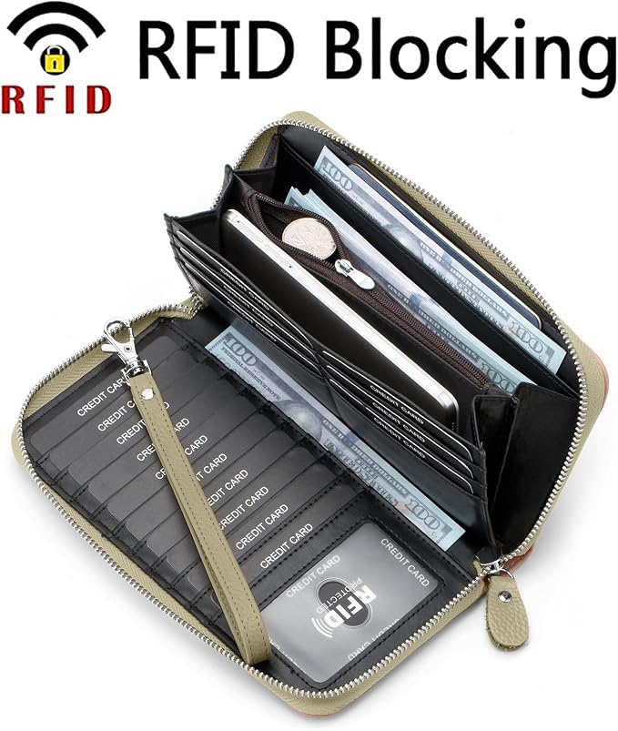 Moflycom Womens Wallet RFID Blocking Genuine Leather Multi Credit Card Large Capacity Zip Around Clutch Travel Purse Wristlet - Image 2