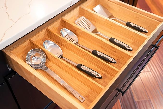 Bamboo Kitchen Utensils Organizer, 13 Inch Drawer Dividers for Silverware, Extra Deep Holder, with Non-Slip Feet, Wood Caddy for Flatware Cutlery - Image 6