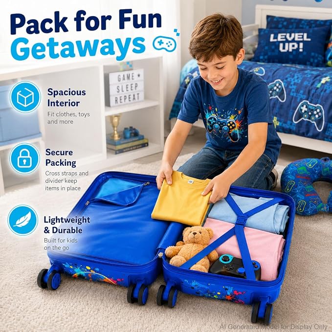 Boys Suitcase, Lightweight Hardshell Spinner Kids Luggage Set 2PCS with Wheels - Airplane Approved Carry-On for Children Ages 3-10, Energetic Game Rolling Suitcases for Elementary Toddler Travel - Image 3