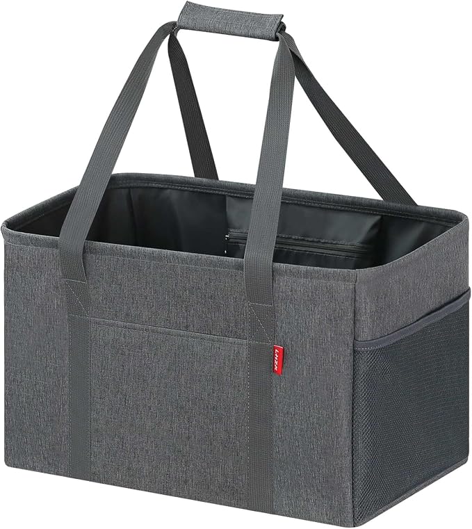 LHZK Standing Utility Tote Bag with Metal Wire Frame and the Sides Rinforced, Large Tote Bag with Handle, Reusable Grocery Bags Foldable, Beach Bag, Car Tote (Grey, 18.5''x11.8''x11.5'') by LHZK