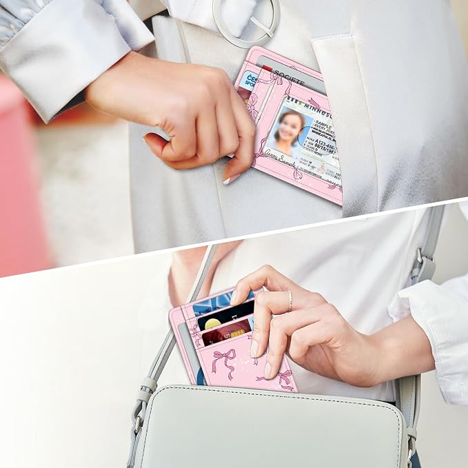 FINTIE Slim Front Pocket Wallet, RFID Blocking Credit Card Holder | Minimalist Card Cases with ID Window for Men Women, pink bow - Image 6