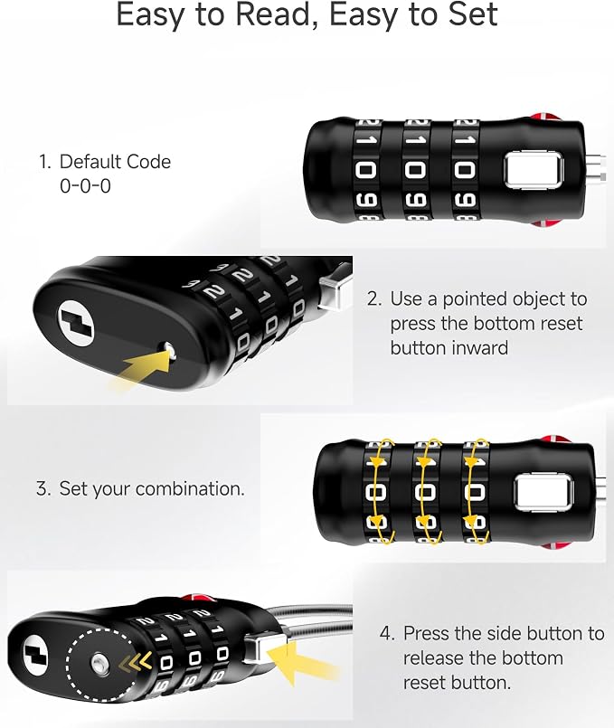 LUGGEX 4 Pack TSA Locks for Luggage, Luggage Locks TSA Approved | Suitcase Locks in Gift Box, Ultra-Light 33g Combination Cable Locks, Easy-Read Dials for Suitcase Backpack Gym, Black-Silver - Image 9