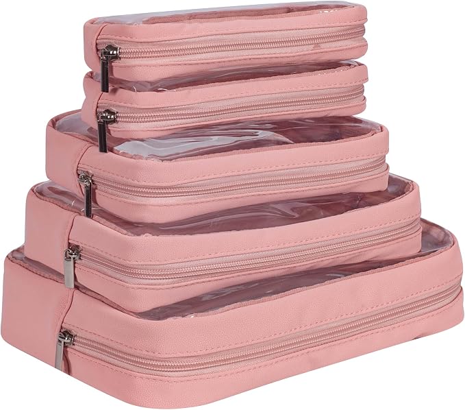 Remobia Hicol TSA Approved 5-Piece Diaper Bag Organizer Pouch Set Clear Waterproof TPU Kids Toiletry Storage Set Travel Packing Clutch Cube Bags for Baby Nursing (Pink Leather) - Image 5