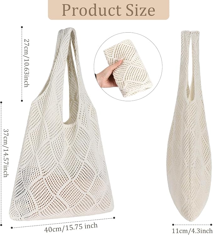 Sightor Crochet Tote Bag, Mesh Beach Bag Knit Summer Hobo Bag for Women | Beach Tote bag Vacation Outfits Aesthetic Boho Bag - Image 2