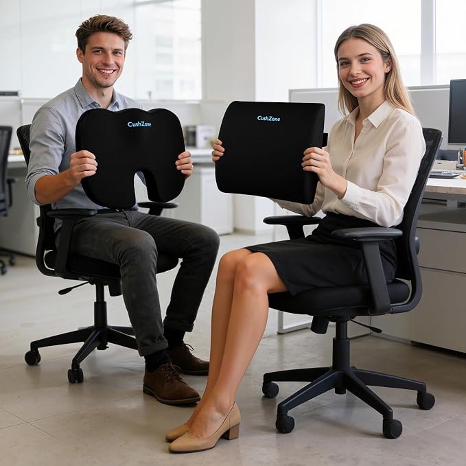 CushZone Seat Cushion and Lumbar Support Pillow for Office Chair, Black | Ergonomic Memory Foam for Sciatica Pain Relief & Posture Correction; Non-Slip Chair Cushions for Car, Wheelchair and Travel - Image 7