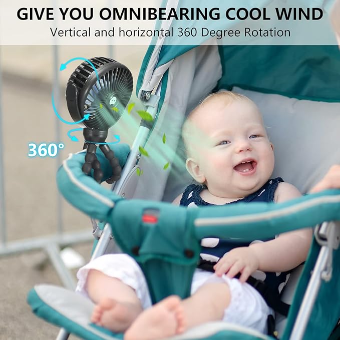 snawowo Mini Portable Baby stroller Fan,Mini Handheld Portable Fan Black | Battery Operated 360° Rotate Flexible Tripod Rechargeable Clip On for Car Seat Crib Bike Treadmill Travel Camping - Image 5