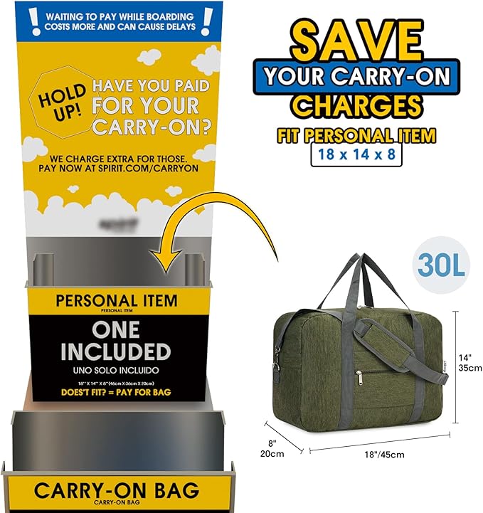 For Spirit Airlines Personal Item Bag 18x14x8 Foldable Travel Duffel Bag Tote Duffle Carry on Luggage for Women and Men 30L (Army Green (With Shoulder Strap)) - Image 2