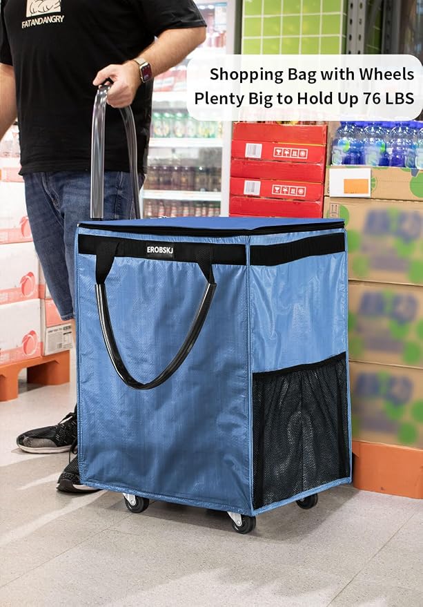 (Medium,Blue) Reusable Grocery Bag on Wheels, 70L Foldable Rolling Tote, Extra Storage for Shopping, Laundry & Moving, Zipper Clouser Shopping Carts for Camping, Moving, 4 Heavy Duty Wheels - Image 3