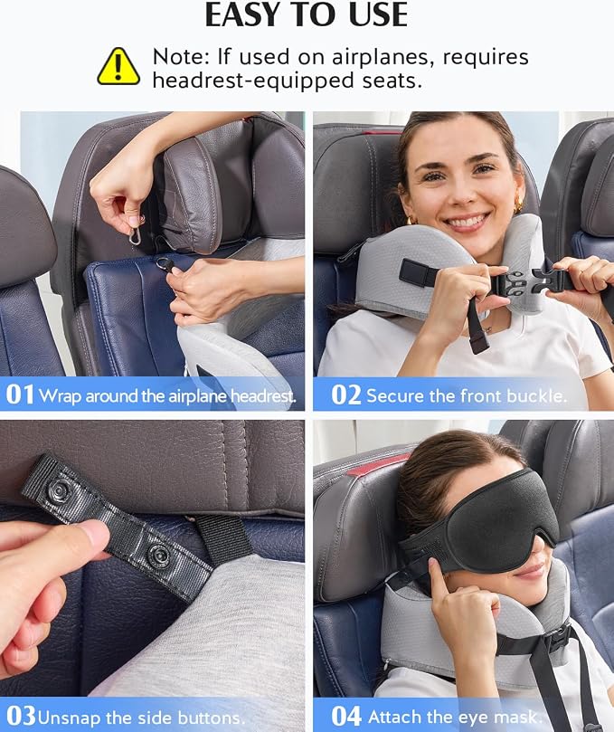 YFONG Travel Pillow with 3D Sleep Mask for Long Flights Airplane, Grey | Patented 360° Ergonomic Sleeper Hold Head Support System, Memory Foam Neck Pillow, Prevents Head Bobbing, Adjustable Strap - Image 7