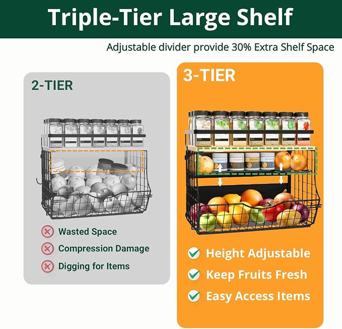 3-Tier Magnetic Shelf for Fridge with Divider & Bamboo Top, Fruit Basket Potato and Onion Storage Bins, Kitchen Large Container Magnetic Spice Rack for Refrigerator, Kitchen Counter, Fridge Organizer - Image 3