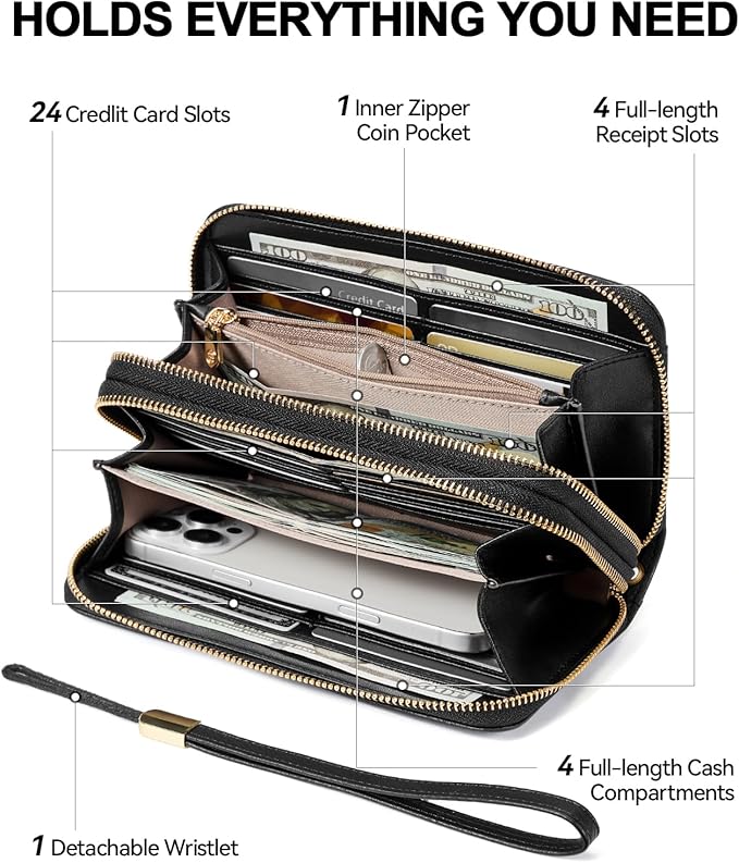 BOSTANTEN Wristlet Wallets for Women RFID Large Capacity Clutch Wallet | 24 Card Slots, 2 Zipper Pockets, Phone ＆ Card Holder, Zip Around, Hand Strap, Vegan Leather, Great Gifts - Image 3