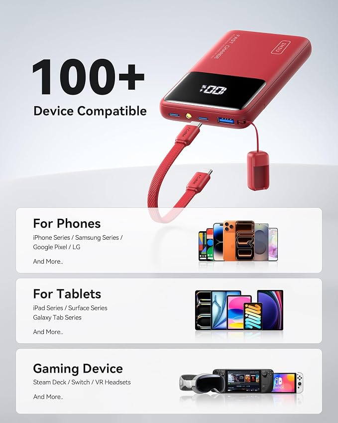 INIU Power Bank, Compact 10000mAh 45W PD Fast Charging Portable Charger | Detachable USB-C Cable, Stand, Flight-Safe, Travel, Flashlight, Battery Pack for iPhone 17 16, Samsung S26, iPad etc, Red - Image 6
