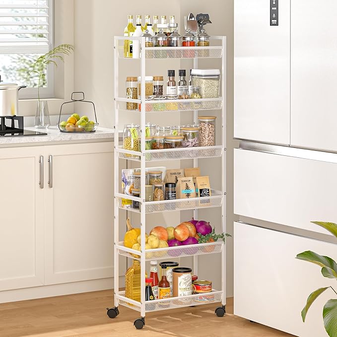 6 Tier Slim Rolling Storage Cart, Narrow Mobile Shelving Unit Organizer Utility Cart with Wheels, Metal Wire Storage Rack with Baskets for Kitchen, Bathroom, Laundry & Living Room, 10in(W) White by ThreeHio