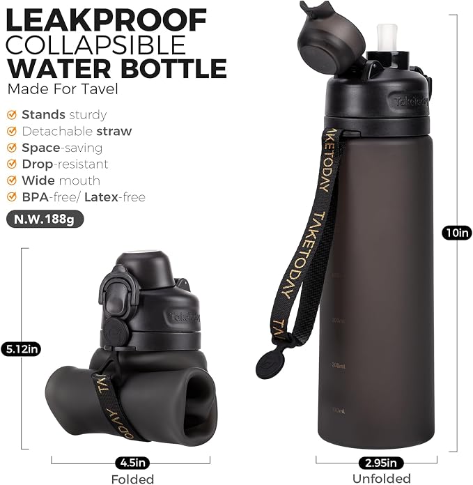TakeToday Collapsible Water Bottles 21oz (600mL), Foldable Platinum Silicone Travel Water Bottle with Straw & Carry Strap, Leak-Resistant Screw Lid, Wide Mouth, BPA-Free for Hiking, Camping, Travel - Image 2