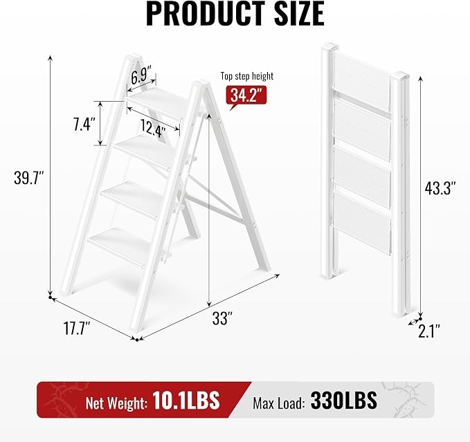 4 Step Ladder, Folding Step Stool with Anti-Slip Wide Pedal | Lightweight, Aluminum Material, 330LBS Load, Portable, Easy Storage, Space Saving, for Kitchen, Bedroom Use, White - Image 6