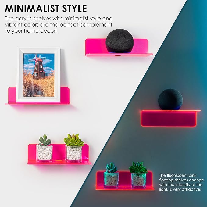 OAPRIRE Acrylic Floating Wall Shelves Fluorescent Pink, No Drill, 9 Inch 2P | Strong Tape Adhesive Wall Shelf, Easy Installation, Hole Design with Cable Clips, Small Spaces Bedroom Bathroom Living Room - Image 4