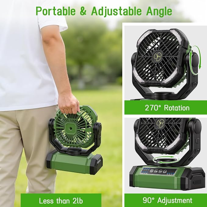 UUYEE Camping Fan Rechargeable, Large Capacity Battery Powered Fans - Green | LED Light, 4-Speed, Cordless, Hanging Hook, 270° Adjustable, Quiet, Lightweight, Battery Operated Fan for Tent Beach Outdoor - Image 3