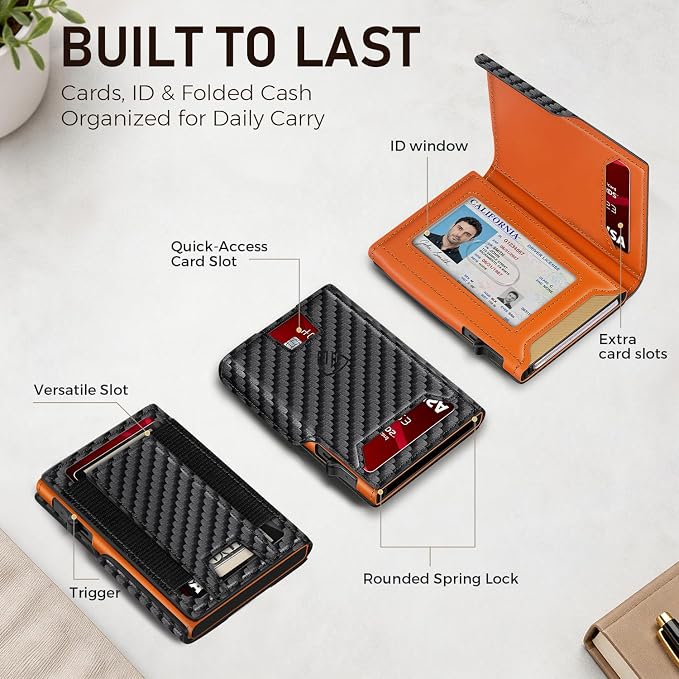 RUNBOX Wallet for Men, RFID Blocking Pop-Up Card Holder, Black+ORANGE | Minimalist Aluminum Smart Wallet with ID Window, Compact Credit Card Holder, Stretchable Cash Slot, Birthday Gift for Men - Image 3