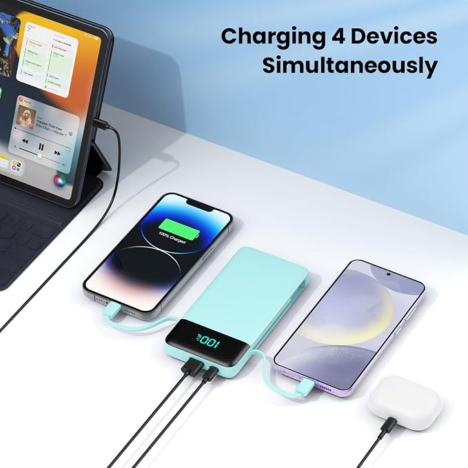 Portable Charger with Built-in AC Plug and Cables,13800mAh All in One USB C Fast Charging Power Bank,Travel Essentials Portable Phone Charger Battery Pack for iPhone 17/16/15/13,Galaxy,Android-Green - Image 6