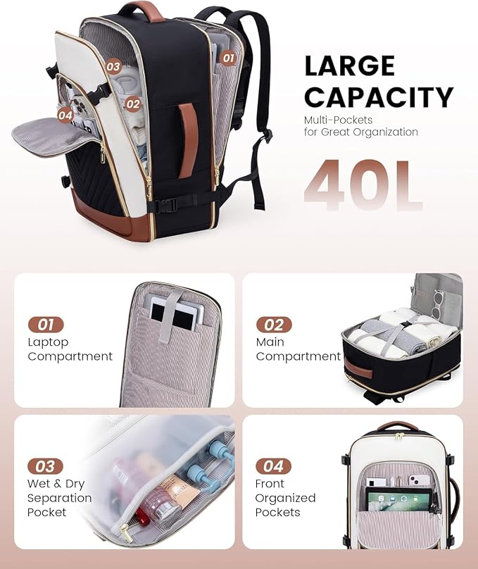 LOVEVOOK Large Travel Backpack for Women, TSA Carry on Backpack for Airplanes, 40L Personal Item Travel Bag for Women fits 17" Laptop,Waterproof Carry on Bag Airplane Approved with 3 Packing Cubes - Image 3