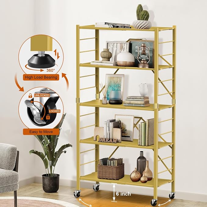 Himix 5-Tier Storage Shelf with Wheels Foldable Expandable Adjustable Gold | Folding shelving units, Metal collapsible organization, Changeable into 2 shelf units, Basement, Kitchen, Holds 2400 Ibs - Image 7