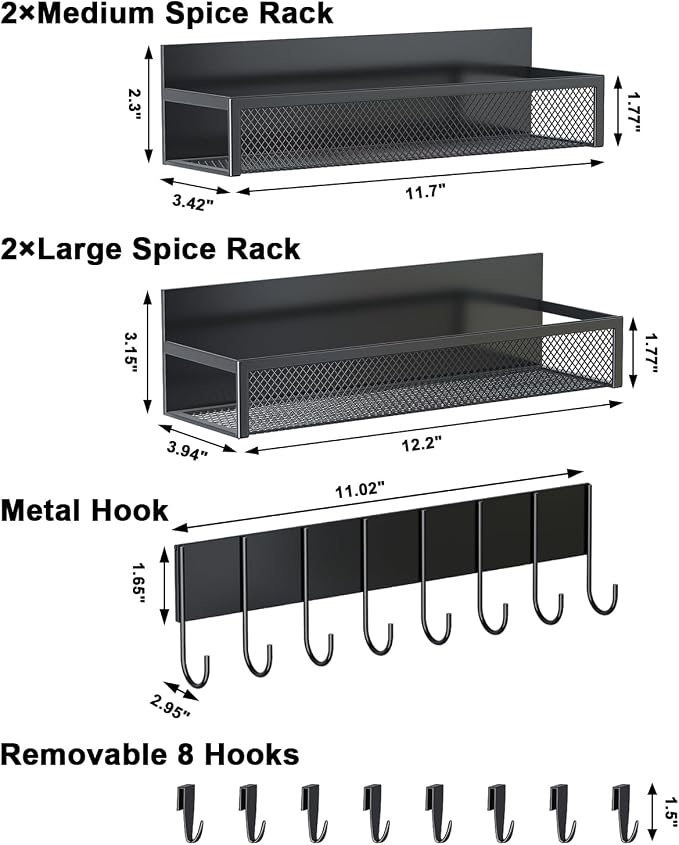 Aufworld Magnetic Spice Rack for Refrigerator, 5 Pack Magnetic Shelf, Moveable Magnetic Fridge Organizer with an 8-Hook Rack, Seasoning Organizer for Kitchen Organization (Extra with 8 Hooks) - Image 2