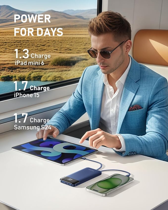 charmast Portable Charger Built-in Cables, 10000mAh Slim Power Bank Pocket | 22.5W Fast Charging Battery Pack for iPhone 17/16/15 Samsung Android, Flight-Approved, Multi-Device, USB-C, Daily Commute - Image 6