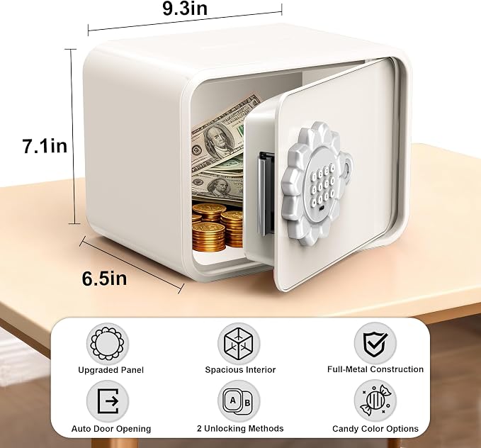 Mini Safe Box, Small Digital Security Safe Box with Keypad Lock, Small Safes for Kids with Auto Door/Coin & Bill Slot – for Cash, Jewelry & Valuables, Home/Office/Hotel Use, 6.5"D×9.3"W×7.1"H (White) - Image 4