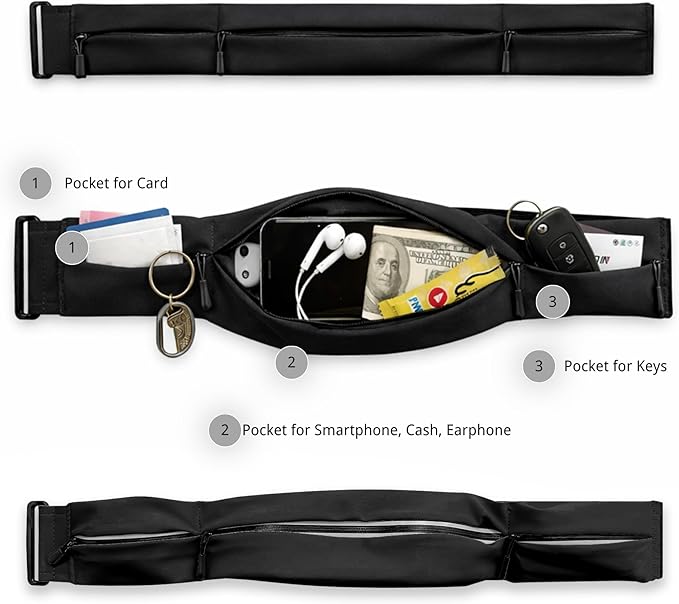 Running Belt for Men Women, Water-resistant Fanny Pack with 3 Zipper Pockets & Reflective Safety Strips, Adjustable Waist Pack Jogging Pouch for Phone, Keys & Essentials (Black, Medium) - Image 2