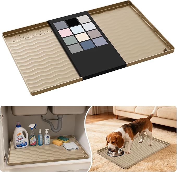URMONA Waterproof Silicone Under Sink Mat 22'' x 14'' Shelf Liner for Kitchen and Bathroom, Cabinet and Counter Protector, Storage and Organizers, Litter Mat, Pet Cat Puppy Essentials(Khaki) by URMONA