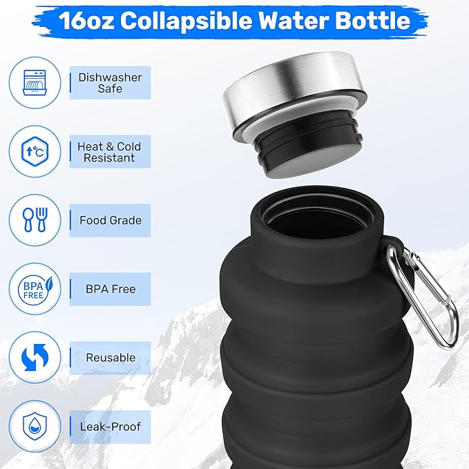 Collapsible Water Bottle, 16oz Portable Reusable Silicone Water Bottle with Carabiner for Gym, Travel, Camping, Hiking, Sports, Lightweight, BPA-Free, Leak-Proof, Foldable Design(Black+Blue) - Image 3