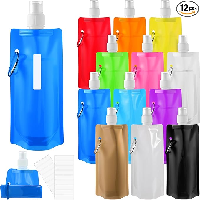 Teenyyou 12 Pack Collapsible Water Bottles Bulk 16oz Foldable Water Bottles with Carabiner Reusable Drinking Leak Proof Container Bags for Sport Biking Hiking Camping Travel Outdoor (12 Colors) by Teenyyou